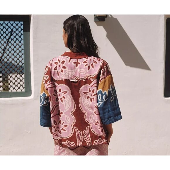 By Anthropologie Short-Sleeve Printed Linen Button down Shirt 3X Plus Size - Picture 2 of 4